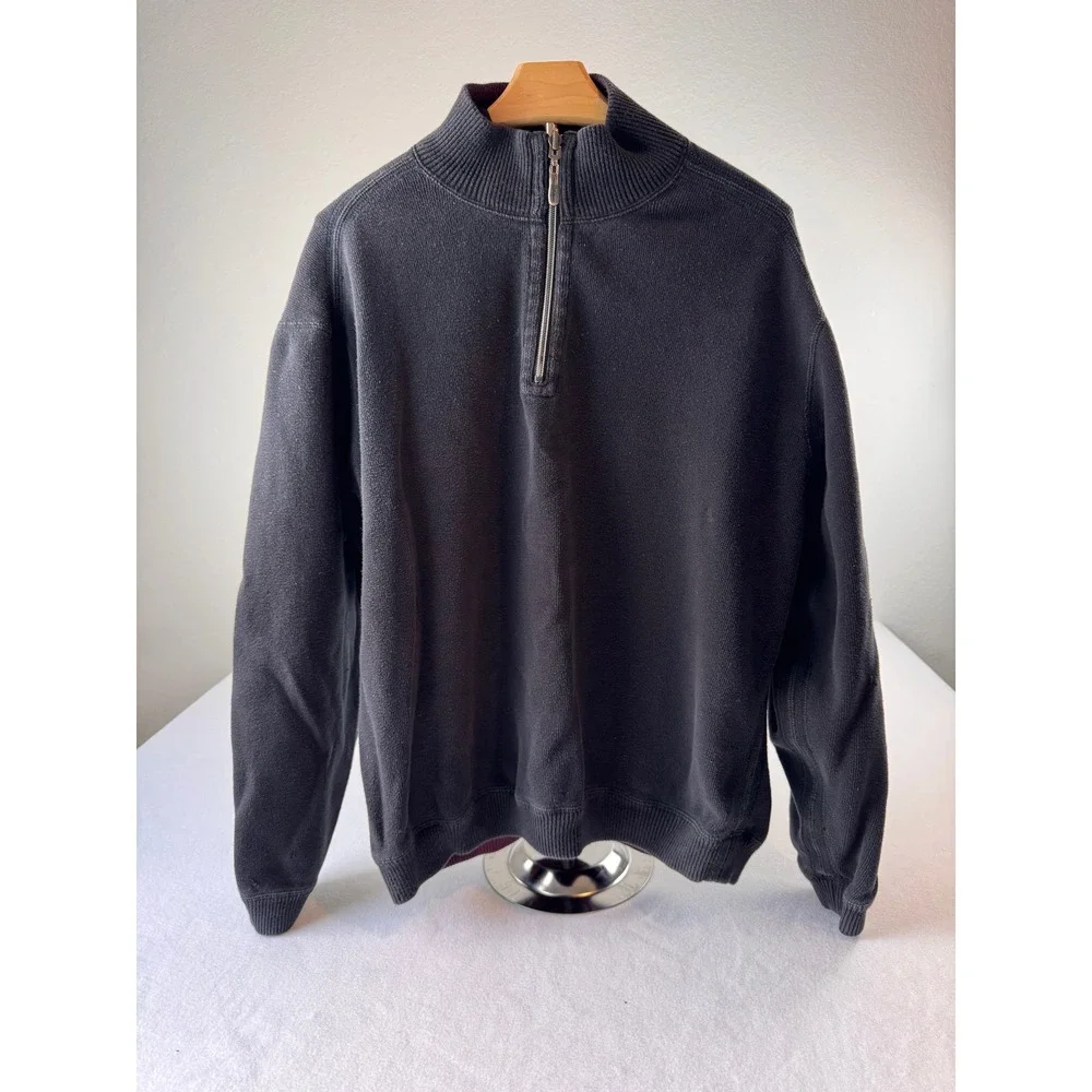 Tommy Bahama Men's L Black Quarter Zip Sweater Distressed Burgundy Old Money